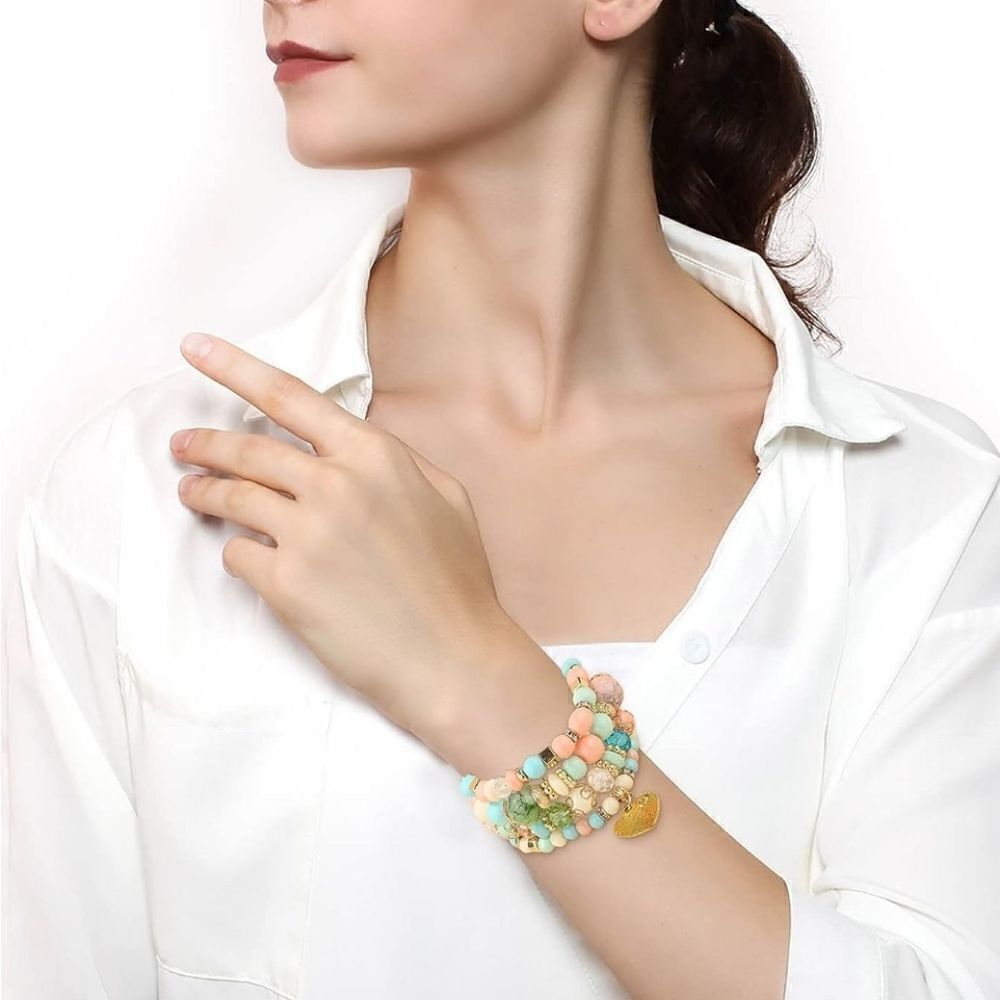 Stackable Bead Bracelets Ladies Stretch Multilayer Bracelet Set - Multicolor - Picture 5 of 12